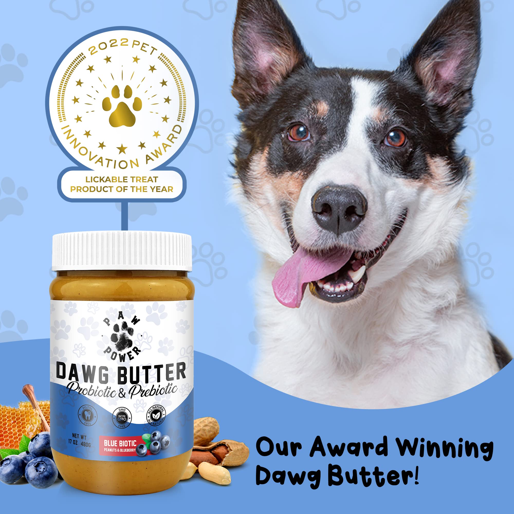 Dawg Butter, All Natural Peanut Butter Dog Treats, Dog Peanut Butter Blue Biotic, Peanut Dog Treat Paste, Dog Birthday Treats or Digestion & Immune Support, No Xylitol, Blueberry Flavor, 17 Oz