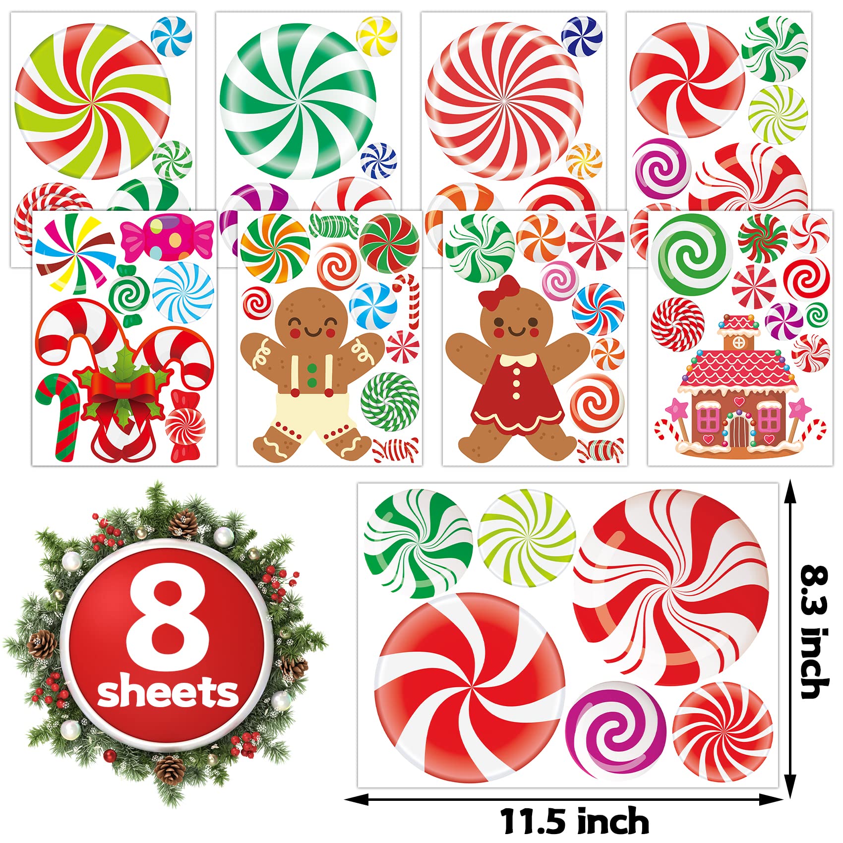 Christmas Decorations - Christmas Wall Stickers Christmas Floor Decals Peppermint Candy Cane Gingerbread Man Stickers Decor 59 PCS Xmas Candy Stickers for Candy Land Decorations 8 Sheets