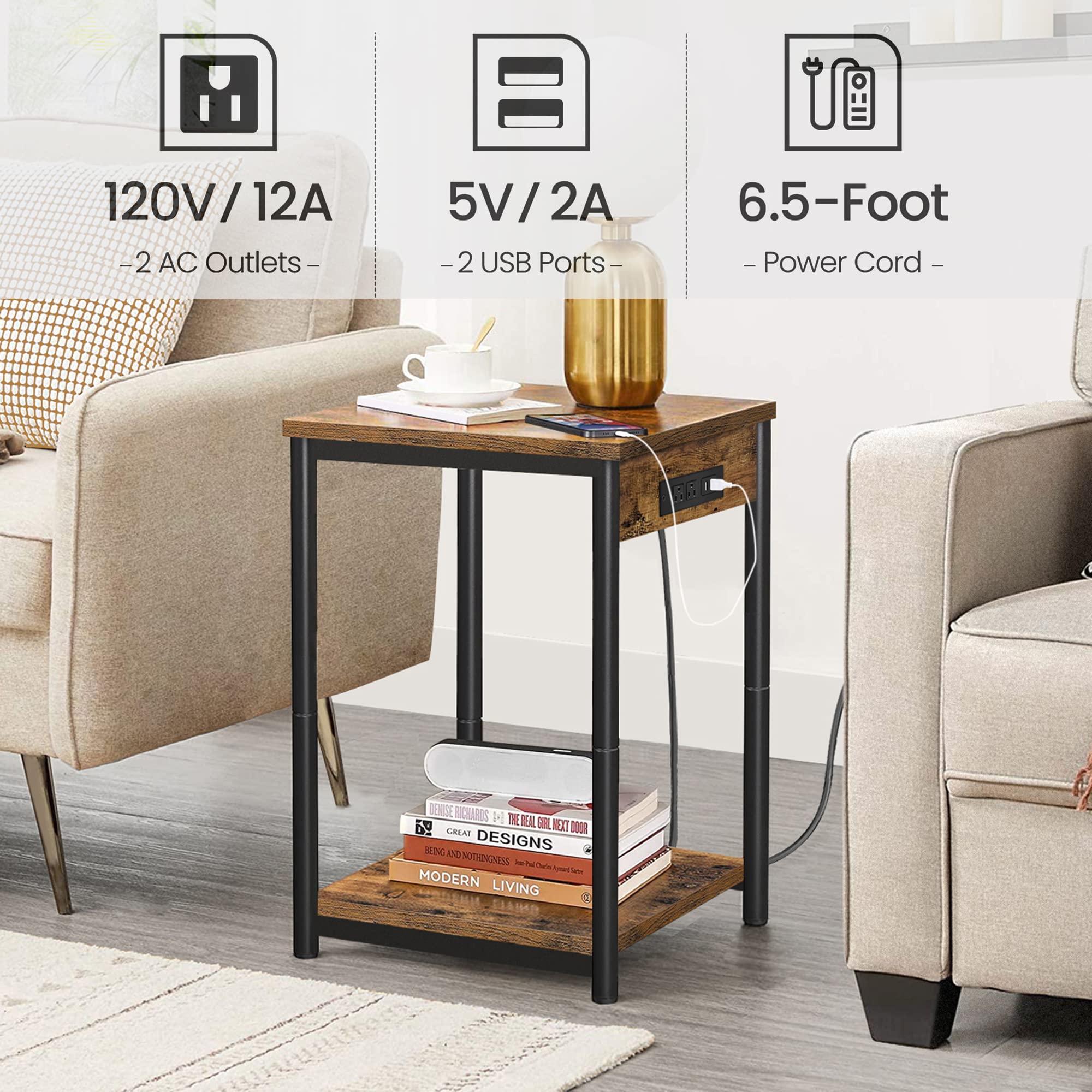 TUTOTAK Nightstand with Charging Station, End Table, Side Table with USB, 21.8”H Night Stand with Storage Shelf, Sofa Couch Table V1TB01BB025 (1 pc)