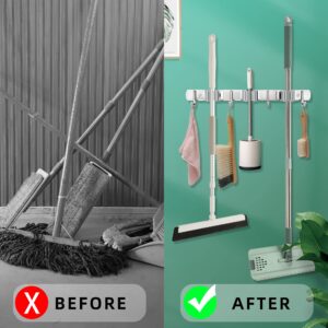 2 Pack Mop and Broom Holder Wall Mount, broom and mop organizer wall hanging, Stainless Steel Broom Hanger, Heavy Duty Mop Holder for Home, Kitchen, Laundry Room, Garage (3 Racks 4 hooks, silver)