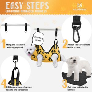 MAcosiness Pet Grooming Hammock for Nail Trimming - Complete Groomers Helper Set for Pet - Dog Grooming Hammock with Hook - Cat Nail Clipper - Dog Hammock for Nail Clipping (S, Gold with Black Paws)