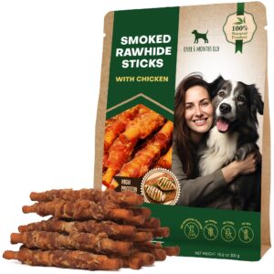 dog smoked rawhide sticks wrapped chicken & pet natural chew treats - grain free organic meat & healthy human grade dried snacks in bulk - best twists for training small & large dogs - made for usa