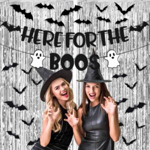 Here for The Boos Party Decorations Halloween Banner Bat Wall Decor Silver Foil Curtains Backdrop Haunted House Horror Theme for Boy Girl Kids Halloween Festival Holiday Black Glitter Party Supplies