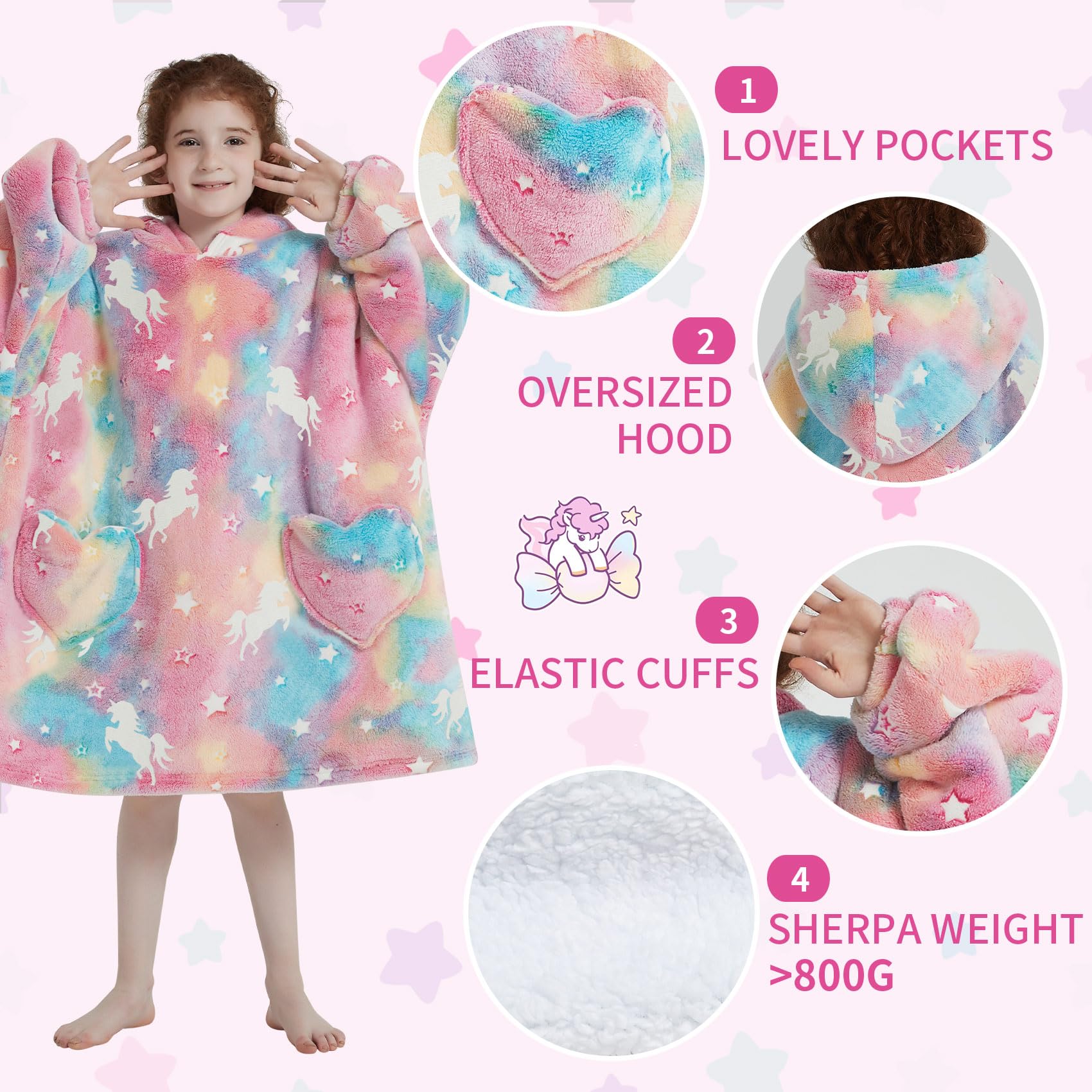 Wearable Blanket Hoodie for Kids Oversized Sherpa Blanket Hoodie for Kids Boys Girls Teens 6-13YR,Glow in The Dark Rainbow Unicorns