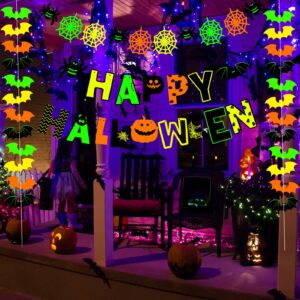 Halloween Party Decoration Garland, Fluorescence Happy Halloween Banner, Green Orange Bat Spider Web Garland Streamers Glow in the Dark Hallows Eve Favors, Halloween Bunting Banner Home Wall Decor