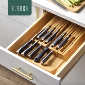 High-Grade 100% Bamboo Knife Drawer Organizer - 12 Knife Slots Plus a Sharpener Slot, Knife Organizer for Kitchen Organization, Durable, Secured, Practical, Eco-Friendly, Knife Block without Knives.