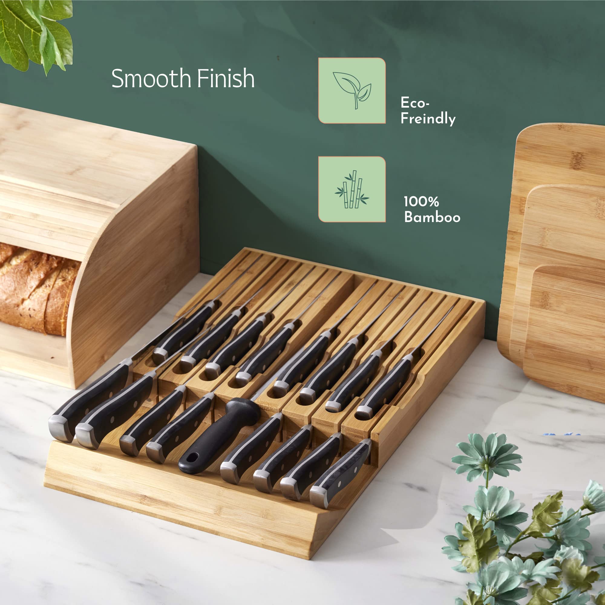 High-Grade 100% Bamboo Knife Drawer Organizer - 12 Knife Slots Plus a Sharpener Slot, Knife Organizer for Kitchen Organization, Durable, Secured, Practical, Eco-Friendly, Knife Block without Knives.