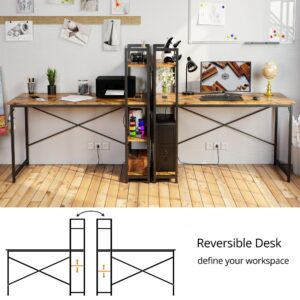 IRONCK Computer Desk 55" with Power Outlet and Storage Shelves, Study Writing Table with USB Ports Charging Station, PC Desk Workstation for Home Office, Rustic Brown