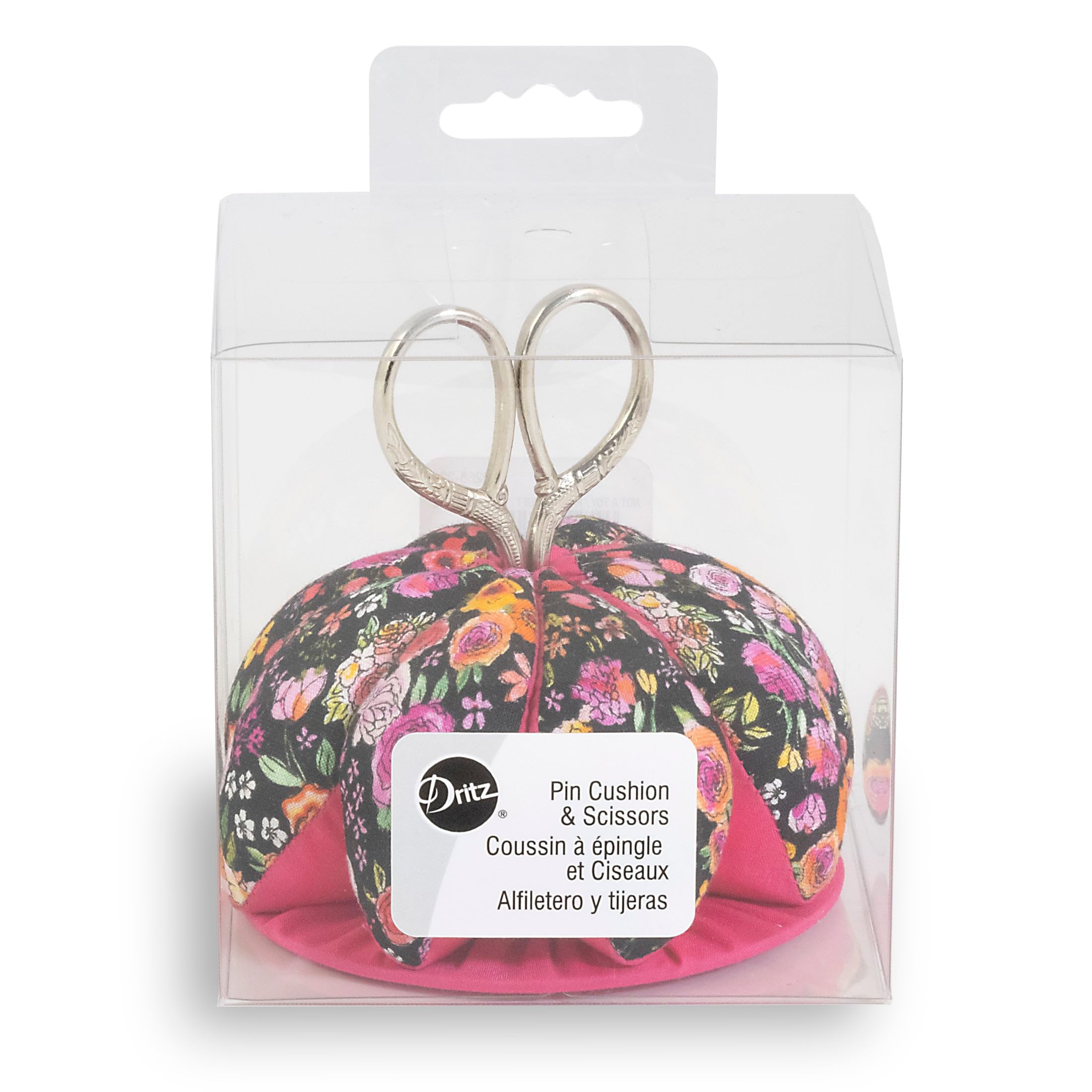 Dritz Scissors, Black/Pink Floral Pin Cushion