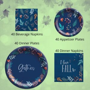 Navy Blue Fall Plates and Napkins Party Supplies - Disposable Blue Paper Dinnerware for 40 Guests for Birthday, Thanksgiving, Wedding, Bridal Shower Party Decorations