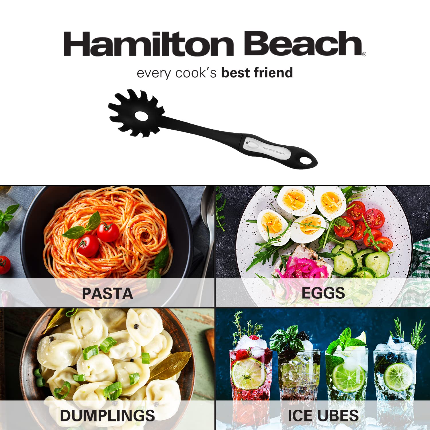 Hamilton Beach Pasta Server 14in Soft Touch Handle - Durable Food Grade Plastic Pasta Server, Spaghetti Spoon Server, Ergonomic and Soft Touch Handle, Heat Resistant Design, Rustproof – Black