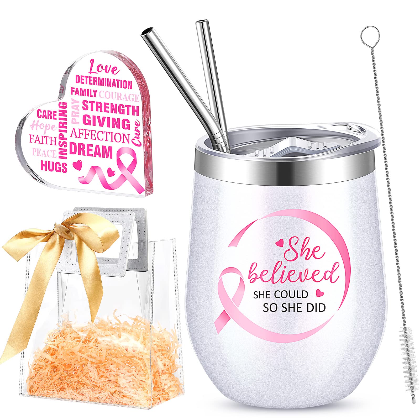 7 Pcs Breast Cancer Gift for Women Pink Ribbon Survivor Present 12 oz Breast Cancer Awareness Tumbler Coffee Mug with Lid Brush Straws Keepsake Raffia Grass Gift Bag Inspirational Gifts for Patients