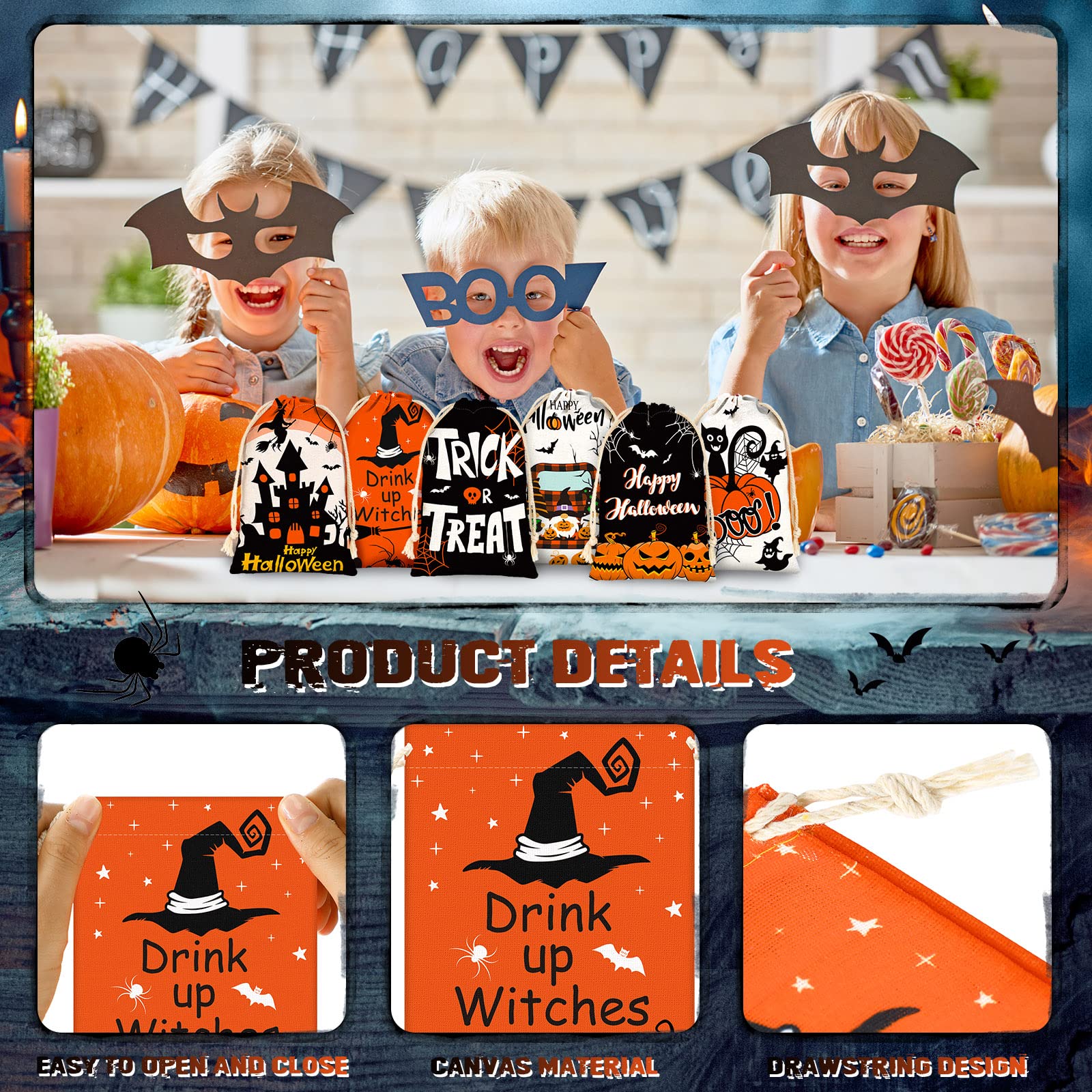 24 Pieces Halloween Party Favor Bag with Drawstring 4 x 6 Inch Canvas Treat Bag Halloween Candy Bag Goodie Bags for Birthday Halloween Party Supplies, 6 Styles