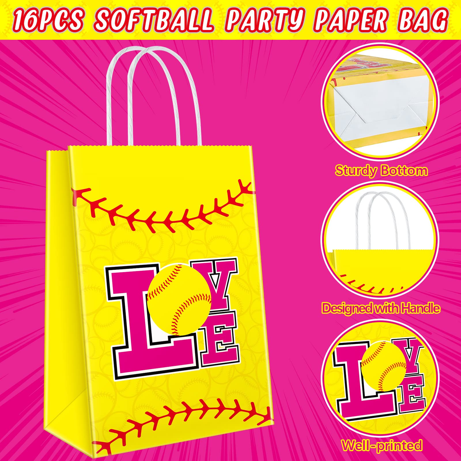 24 Pcs Softball Party Bags Gift Treat Bag Softball Goodie Bags Favors Paper Candy Bags with Handle for Sports Theme Birthday Baby Shower Party Decorations Supplies, 6 Designs