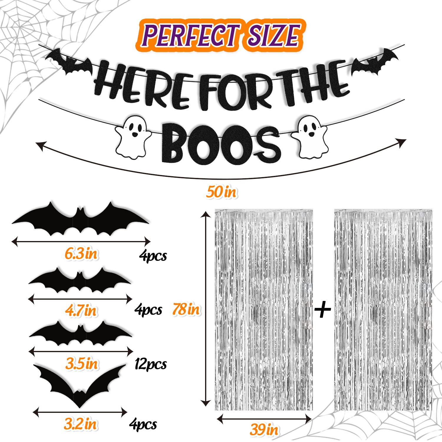 Here for The Boos Party Decorations Halloween Banner Bat Wall Decor Silver Foil Curtains Backdrop Haunted House Horror Theme for Boy Girl Kids Halloween Festival Holiday Black Glitter Party Supplies