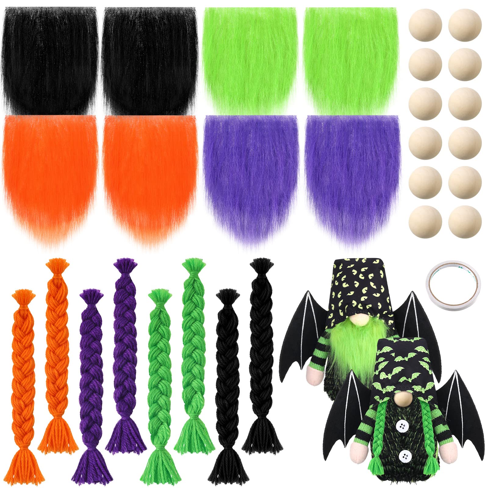 29 Pcs Halloween Gnome Accessories Set Gnome Beards Wooden Gnome Nose and Braids Craft DIY Gnomes for Halloween Christmas Party Supplies(Multi Colors)