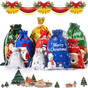 christmas drawstring gift bags reusable xmas present fast wrapping foil bags with gift tags, assorted size gift bags for birthday goody holiday treat or party favor (30 pcs)