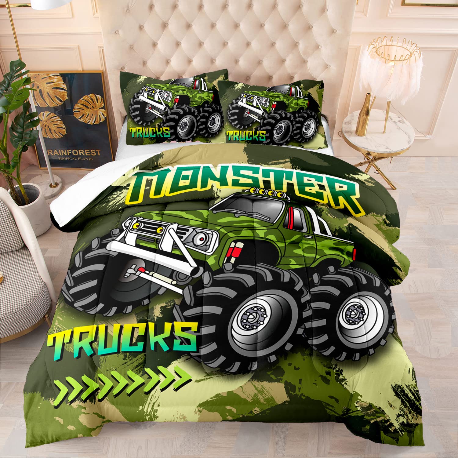 3D Blue Monster Truck Bedding Set for Kids, Cartoon Car Ultra Soft All Seasons Comforter Set Monster Car Theme Bed Set 1 Comforter 2 Pillowcases (Blue, Twin)