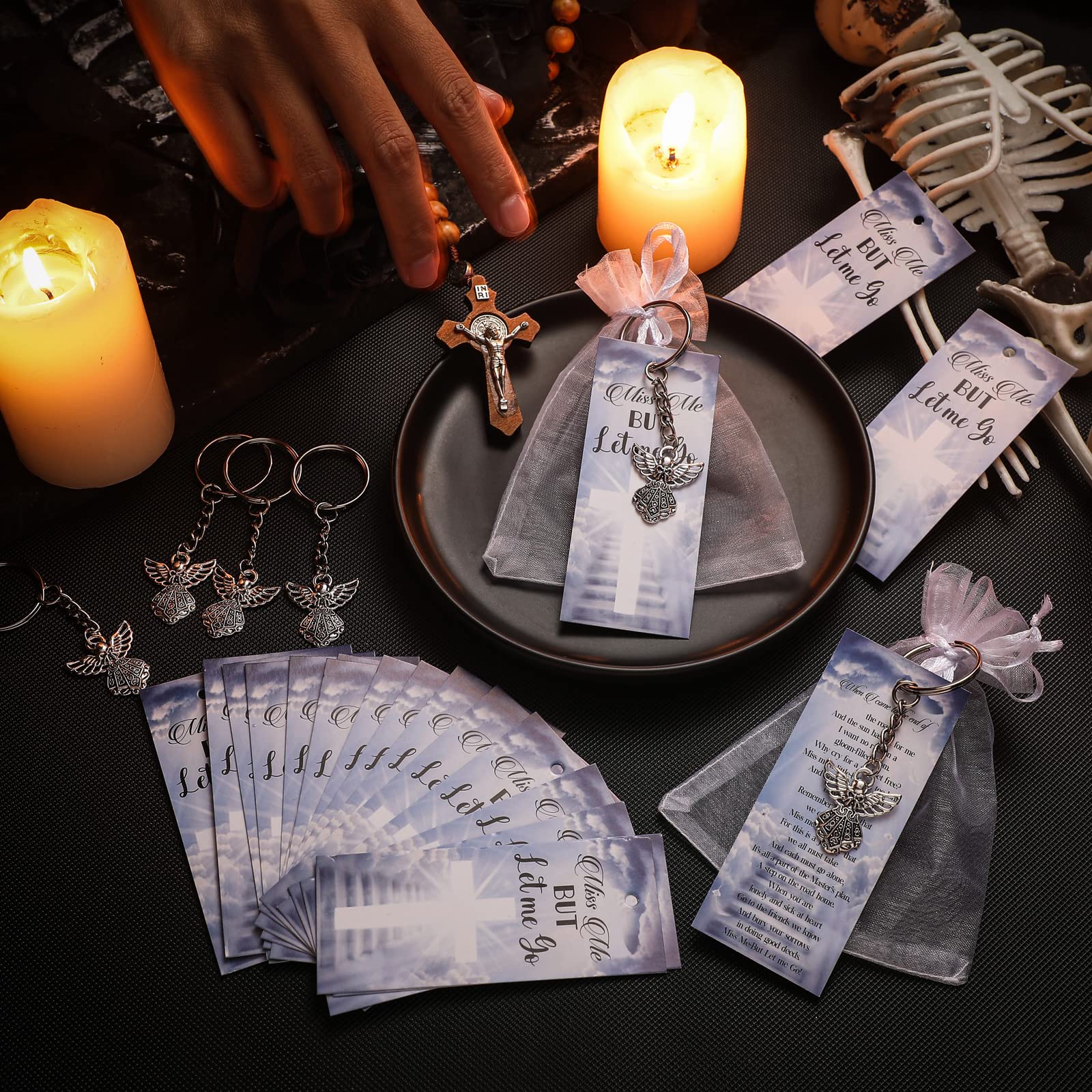 Nosiny 108 Pieces Funeral Favors Thank You Set Includes 36 Angel Keychains 36 Organza Bags 36 Miss Me But Let Me Go Prayer Cards Angel Charm Guest Gift for Celebration of Life Funeral Memorial Party