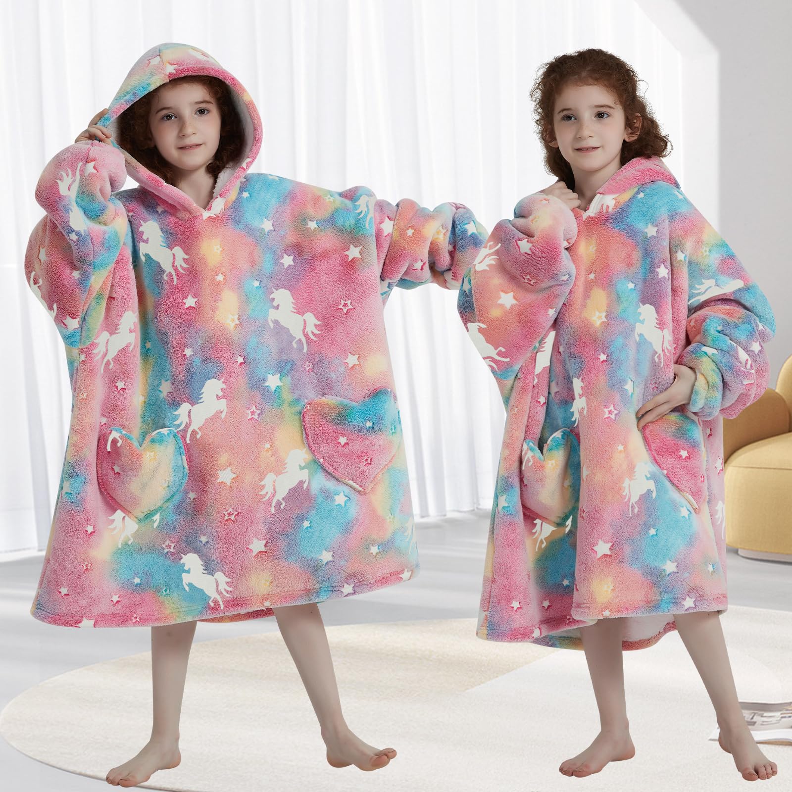 Wearable Blanket Hoodie for Kids Oversized Sherpa Blanket Hoodie for Kids Boys Girls Teens 6-13YR,Glow in The Dark Rainbow Unicorns