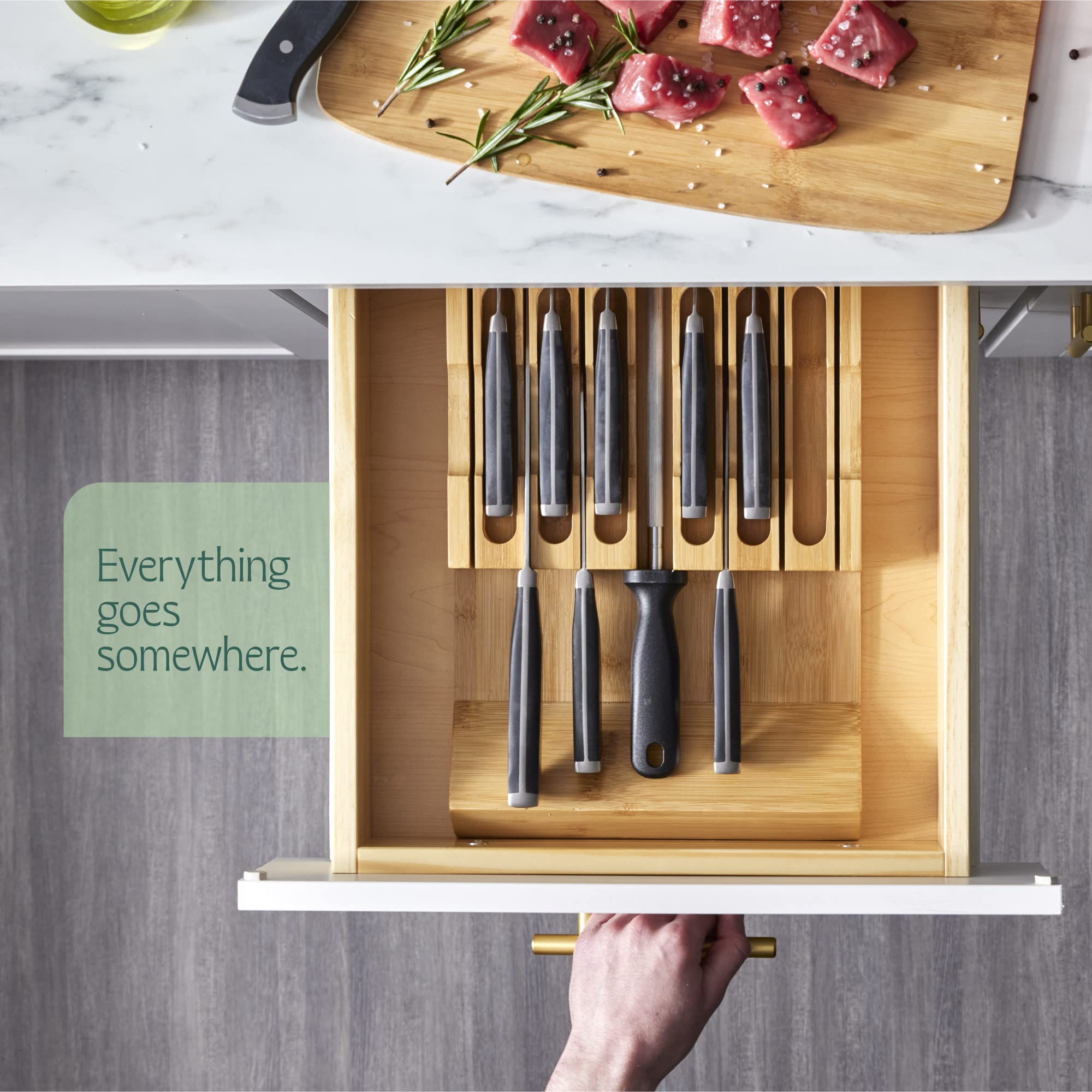 High-Grade 100% Bamboo Knife Drawer Organizer - 12 Knife Slots Plus a Sharpener Slot, Knife Organizer for Kitchen Organization, Durable, Secured, Practical, Eco-Friendly, Knife Block without Knives.