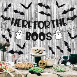 Here for The Boos Party Decorations Halloween Banner Bat Wall Decor Silver Foil Curtains Backdrop Haunted House Horror Theme for Boy Girl Kids Halloween Festival Holiday Black Glitter Party Supplies