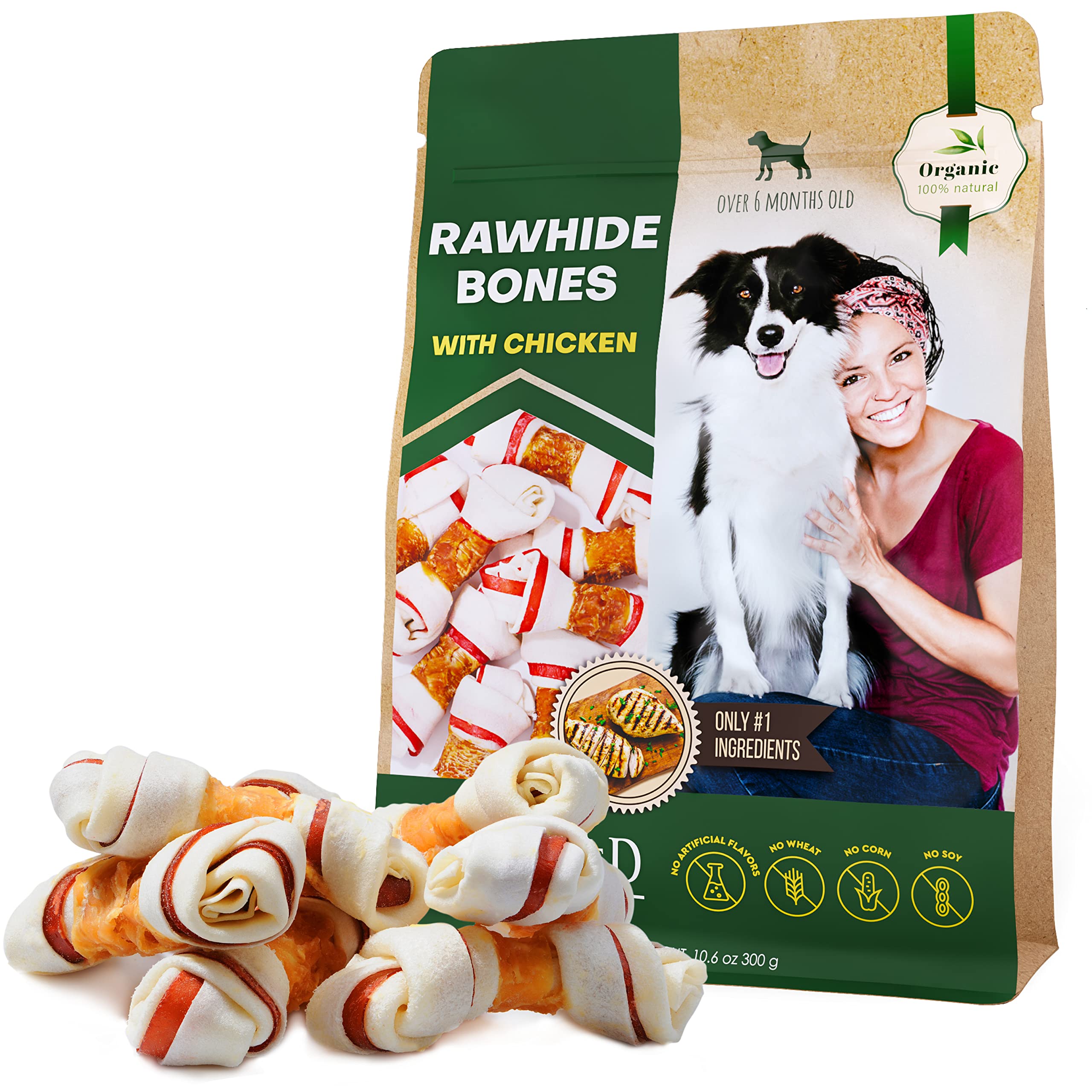 Dog Rawhide Bones Wrapped with Chicken & Pet Natural Chew Treats - Grain Free Meat & Healthy Human Grade Dried Snacks in Bulk - Best Chews for Training Small & Large Dogs - Made for USA