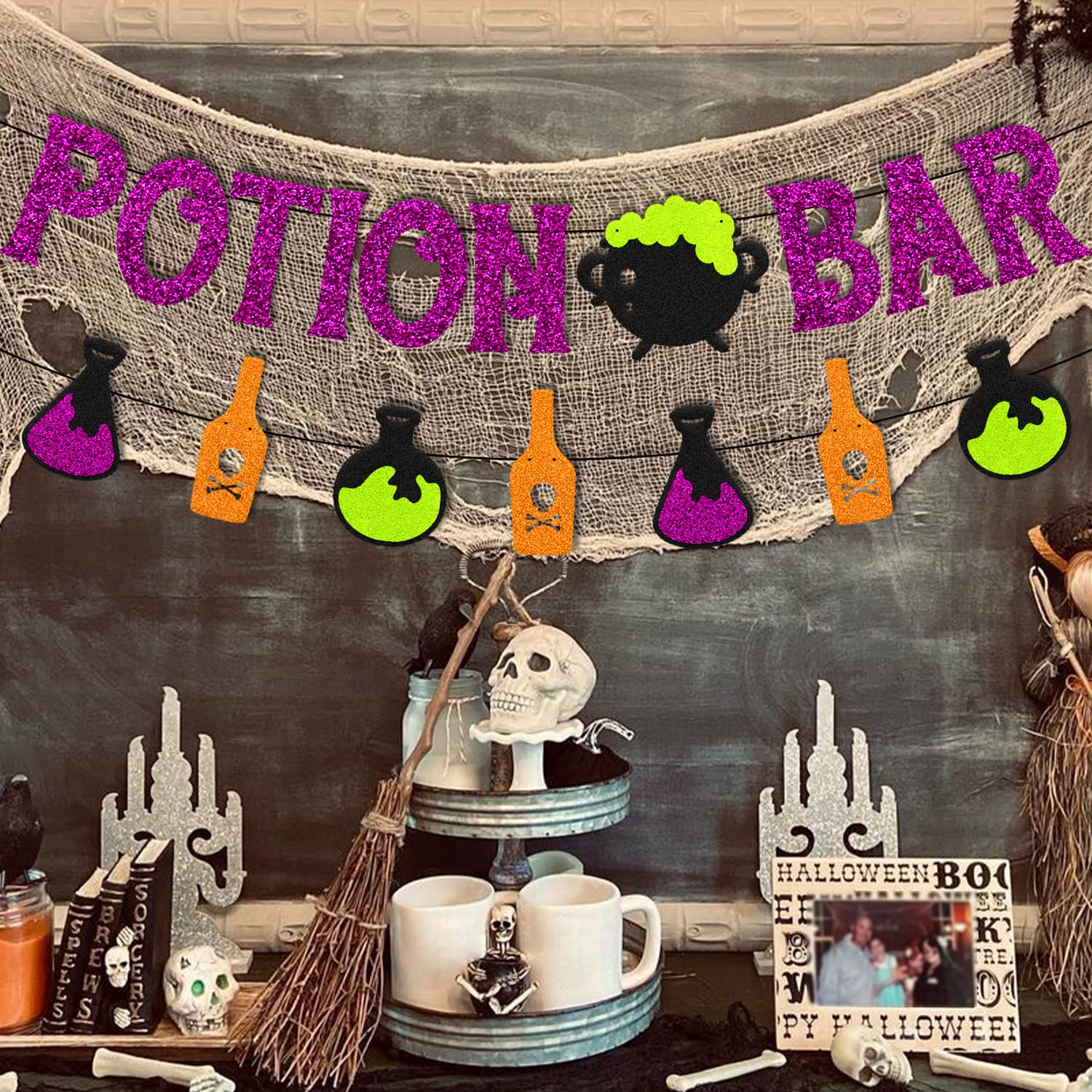 Levvcirki Potion Bar Banner Halloween Poison Bat Horrible Witches Haunted House Theme for Men Women Halloween Festival Holiday Party Purple Glitter Decorations