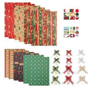 pintreeland 12 sheets christmas wrapping paper set(6 large&6 small, 59 sq. ft. ttl) with 12pcs gift bows and labels - vintage red green xmas holiday kraft present wrap paper