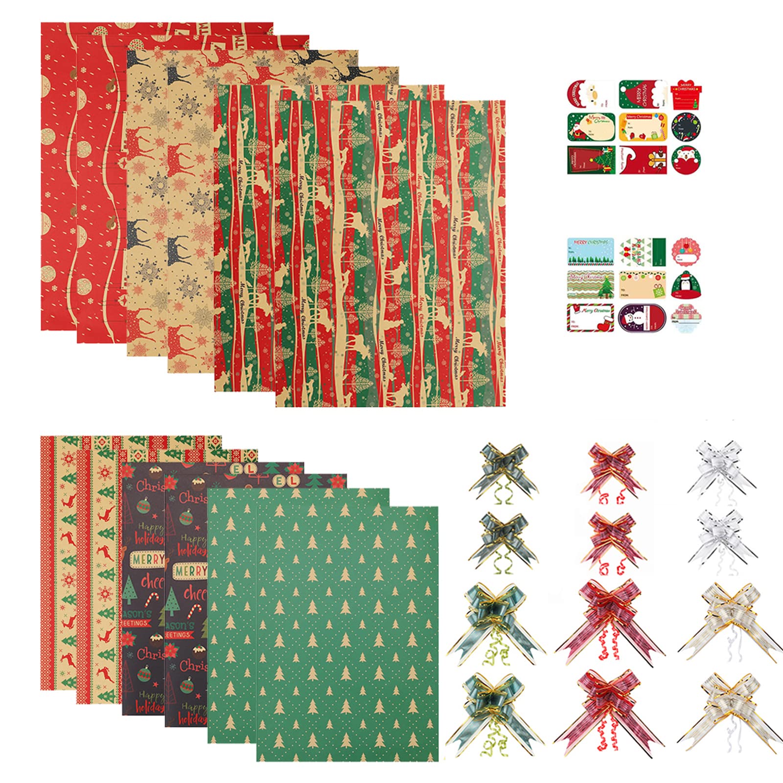 PintreeLand 12 Sheets Christmas Wrapping Paper Set(6 Large&6 Small, 59 Sq. Ft. Ttl) with 12PCS Gift Bows and Labels - Vintage Red Green Xmas Holiday Kraft Present Wrap Paper