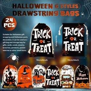 24 Pieces Halloween Party Favor Bag with Drawstring 4 x 6 Inch Canvas Treat Bag Halloween Candy Bag Goodie Bags for Birthday Halloween Party Supplies, 6 Styles