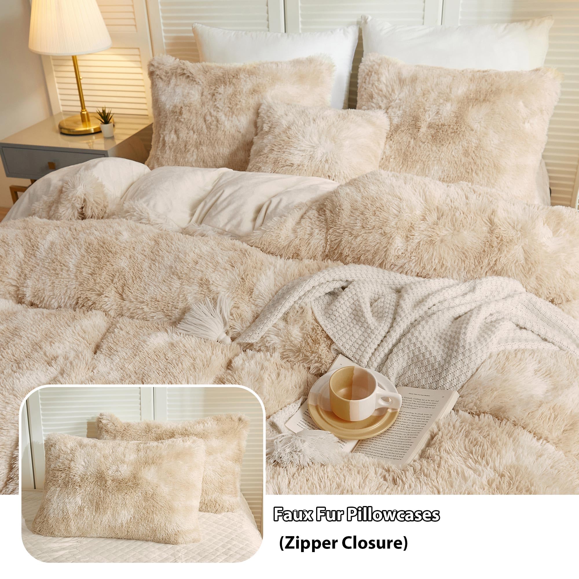 LIFEREVO Luxury Fluffy Faux Fur Duvet Cover Set, Soft Tie Dye Plush Fuzzy Duvet Cover(1 Marble Print Shaggy Comforter Cover+2 Furry Pillowcases)Bedding Set, Zipper Closure(King, Off White/Light Beige)