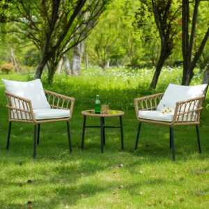 3 pieces outdoor chairs set, boho indoor outdoor all weather woven rope furniture set, tan wicker chat set with white cushions, rattan sets for balcony, garden, front porch,indoor,living rooms