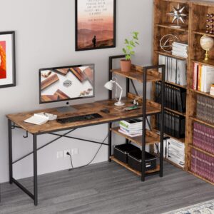 IRONCK Computer Desk 55" with Power Outlet and Storage Shelves, Study Writing Table with USB Ports Charging Station, PC Desk Workstation for Home Office, Rustic Brown