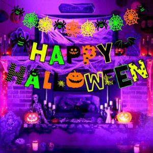 Halloween Party Decoration Garland, Fluorescence Happy Halloween Banner, Green Orange Bat Spider Web Garland Streamers Glow in the Dark Hallows Eve Favors, Halloween Bunting Banner Home Wall Decor