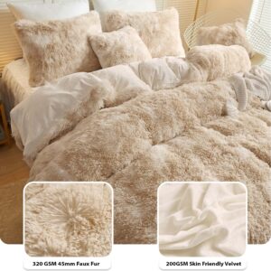 LIFEREVO Luxury Fluffy Faux Fur Duvet Cover Set, Soft Tie Dye Plush Fuzzy Duvet Cover(1 Marble Print Shaggy Comforter Cover+2 Furry Pillowcases)Bedding Set, Zipper Closure(King, Off White/Light Beige)