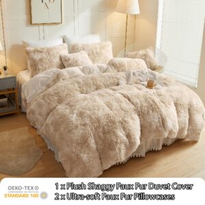 LIFEREVO Luxury Fluffy Faux Fur Duvet Cover Set, Soft Tie Dye Plush Fuzzy Duvet Cover(1 Marble Print Shaggy Comforter Cover+2 Furry Pillowcases)Bedding Set, Zipper Closure(King, Off White/Light Beige)