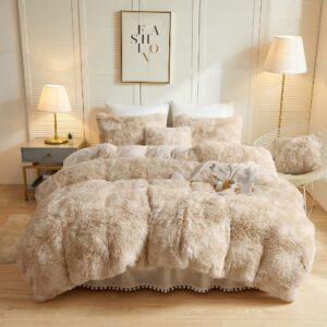 liferevo luxury fluffy faux fur duvet cover set, soft tie dye plush fuzzy duvet cover(1 marble print shaggy comforter cover+2 furry pillowcases)bedding set, zipper closure(king, off white/light beige)