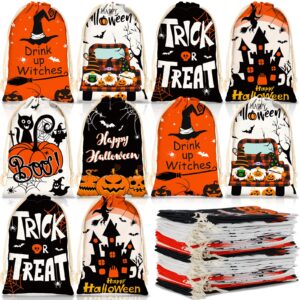 24 pieces halloween party favor bag with drawstring 4 x 6 inch canvas treat bag halloween candy bag goodie bags for birthday halloween party supplies, 6 styles