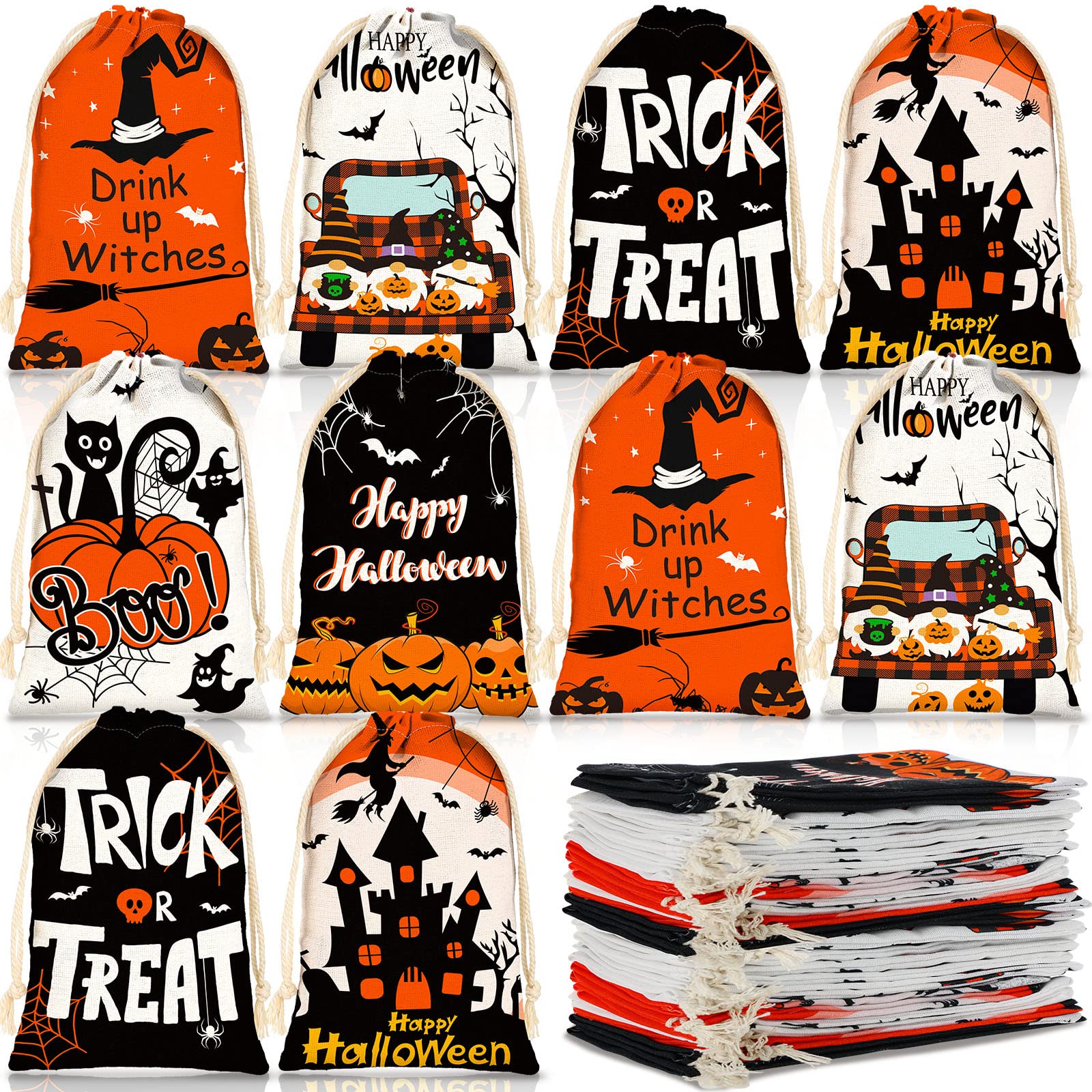 24 Pieces Halloween Party Favor Bag with Drawstring 4 x 6 Inch Canvas Treat Bag Halloween Candy Bag Goodie Bags for Birthday Halloween Party Supplies, 6 Styles