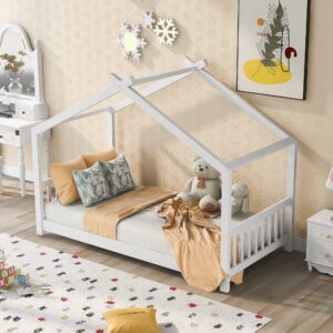 merax twin kids wood house beds with headboard and footboard floor bed frame for boys,girls, easy assembly (twin, white)