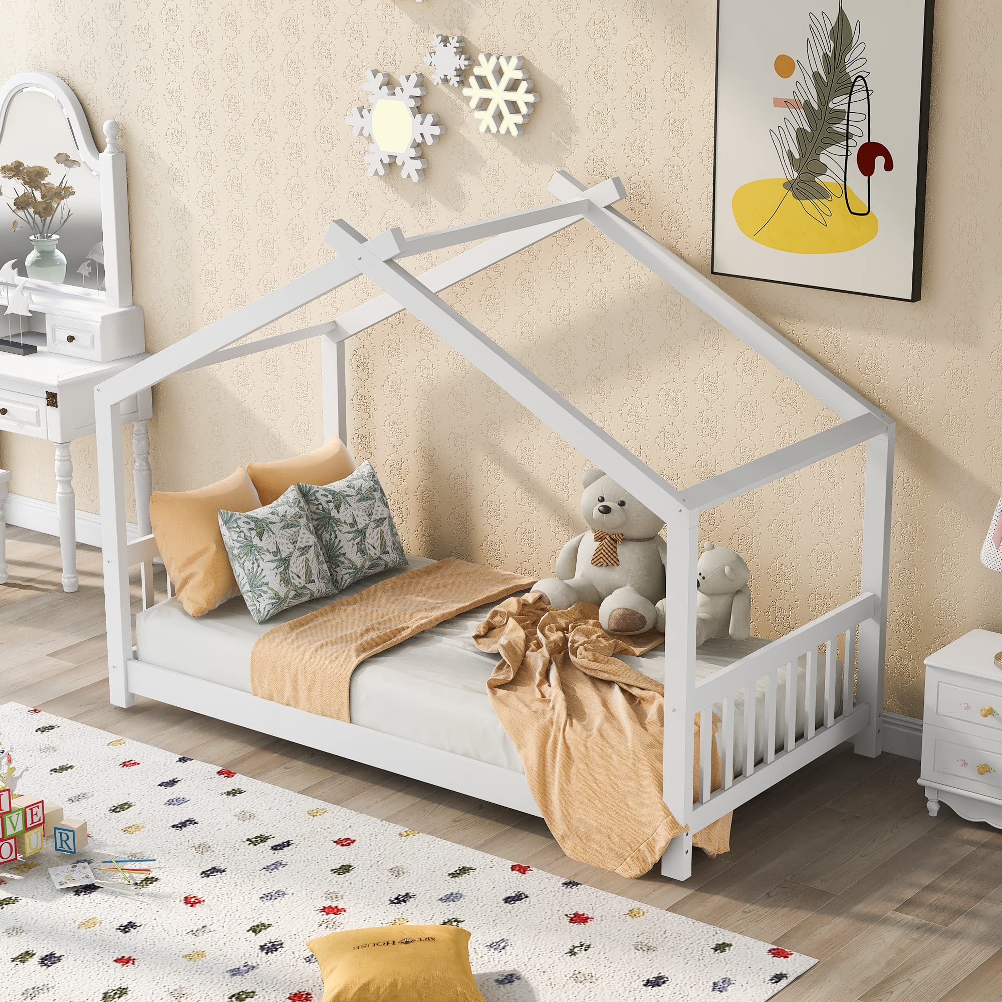 Merax Twin Kids Wood House Beds with Headboard and Footboard Floor Bed Frame for Boys,Girls, Easy Assembly (Twin, White)