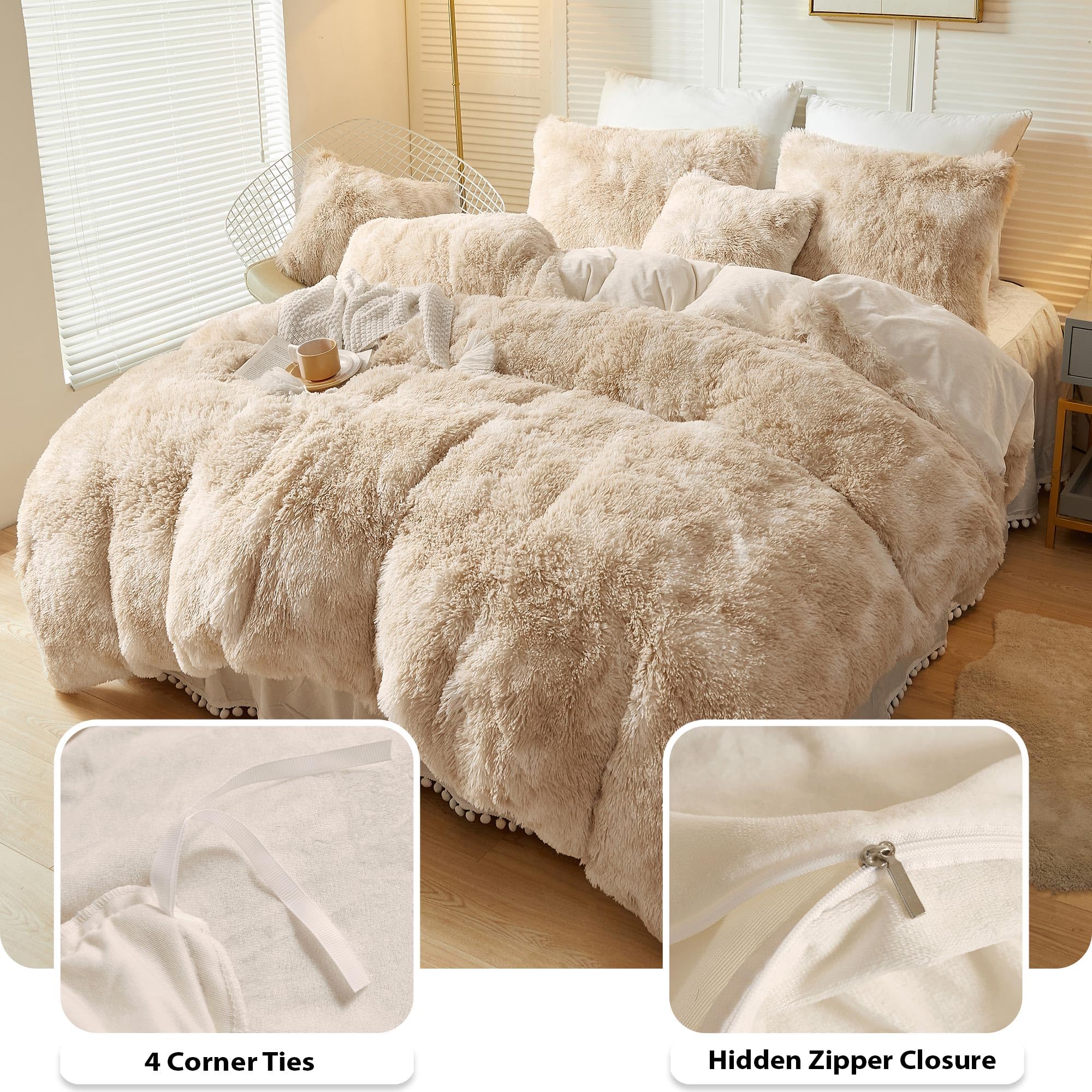 LIFEREVO Luxury Fluffy Faux Fur Duvet Cover Set, Soft Tie Dye Plush Fuzzy Duvet Cover(1 Marble Print Shaggy Comforter Cover+2 Furry Pillowcases)Bedding Set, Zipper Closure(King, Off White/Light Beige)