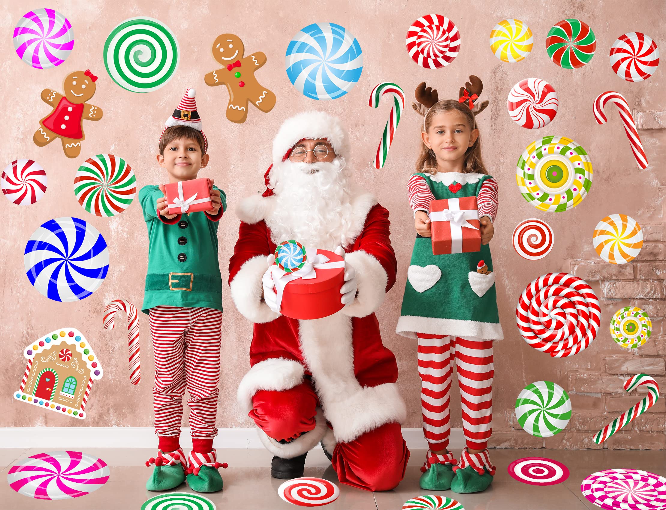 Christmas Decorations - Christmas Wall Stickers Christmas Floor Decals Peppermint Candy Cane Gingerbread Man Stickers Decor 59 PCS Xmas Candy Stickers for Candy Land Decorations 8 Sheets