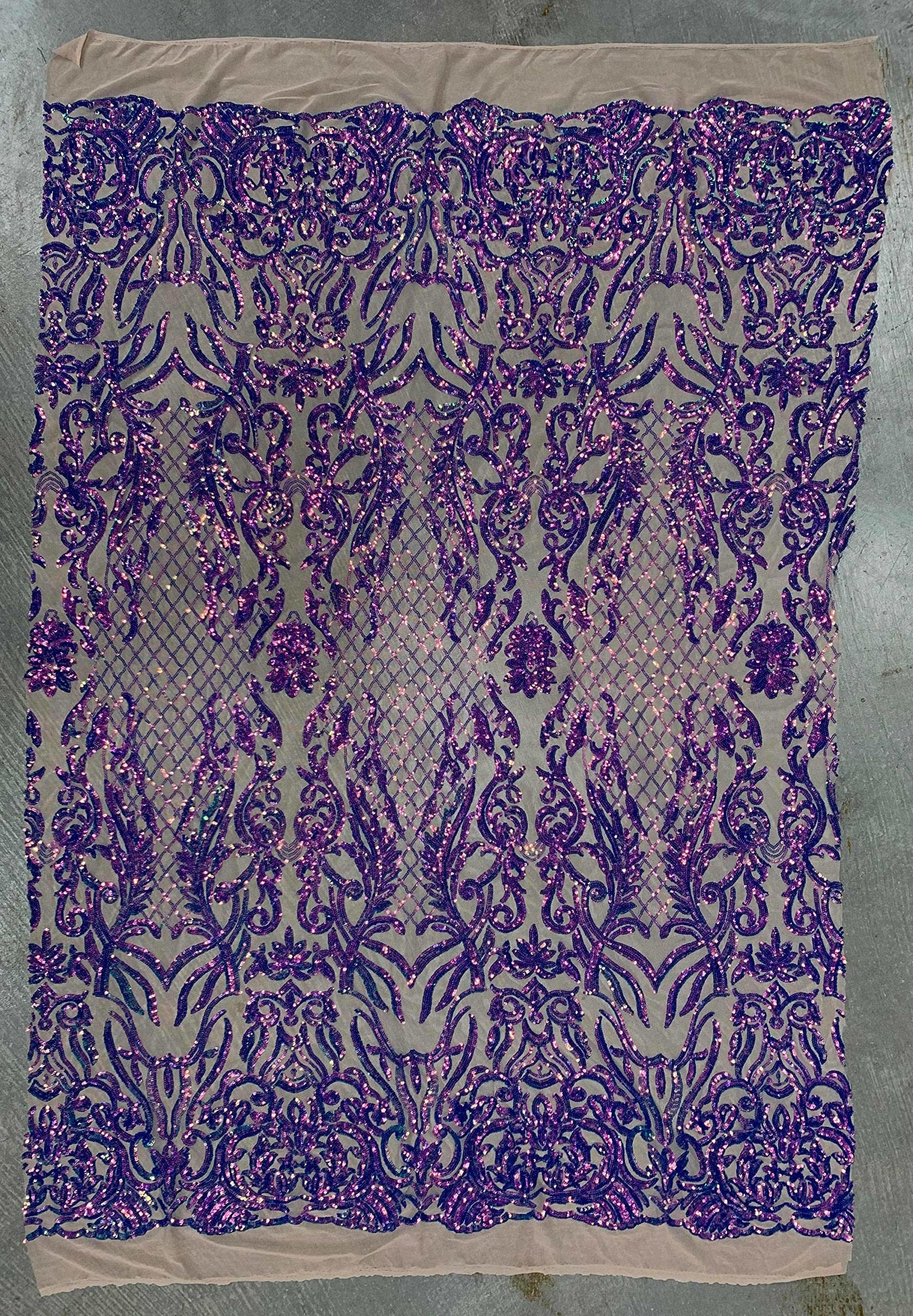 Phoebe Iridescent Purple Sequins on Nude Mesh Lace Fabric by The Yard - 10062