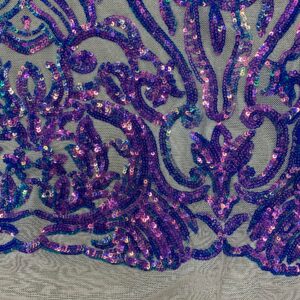 Phoebe Iridescent Purple Sequins on Nude Mesh Lace Fabric by The Yard - 10062