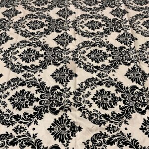 Amanda Champagne Taffeta with Black Velvet Flocked Damask Fabric by The Yard - 10078