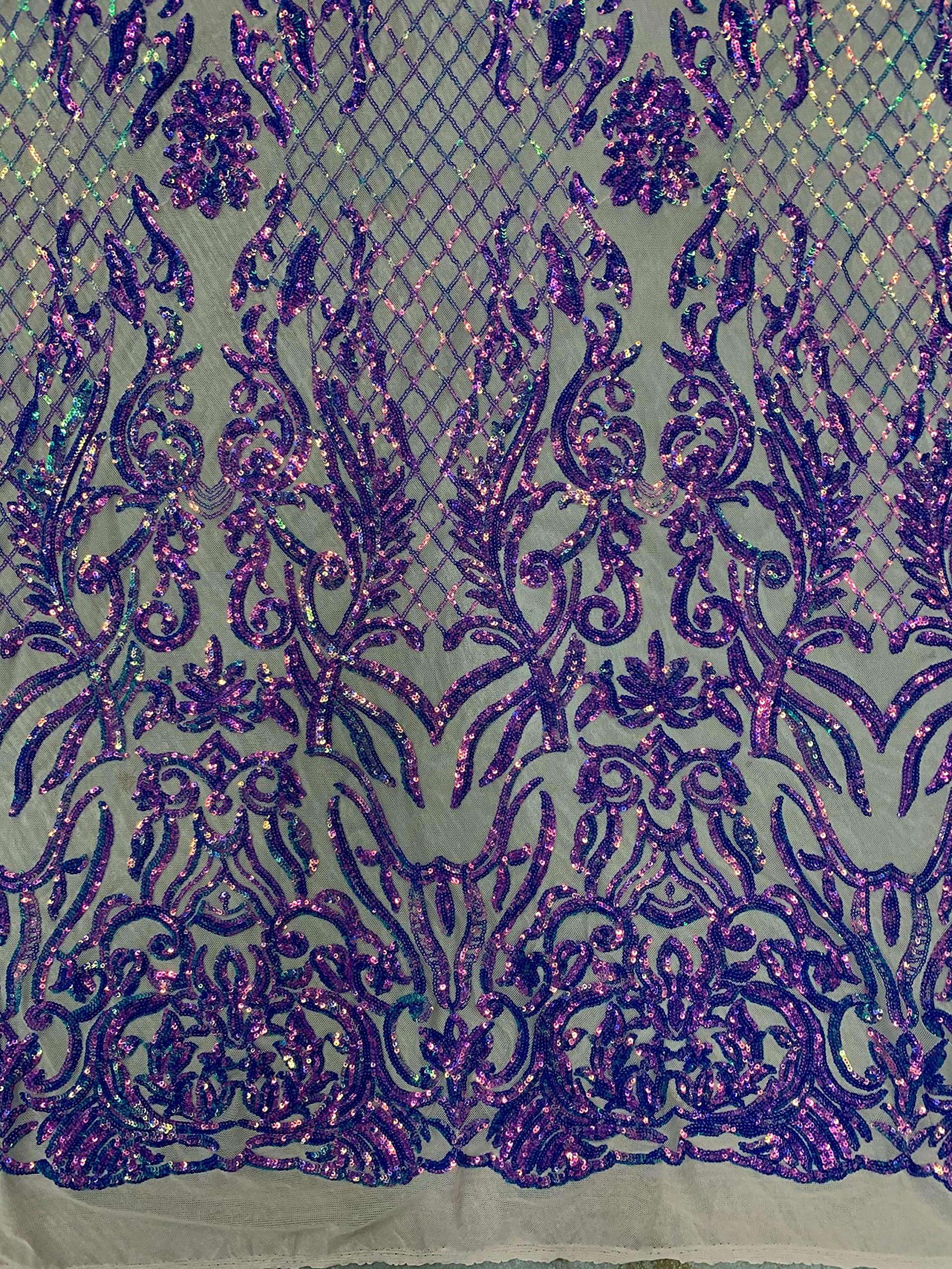 Phoebe Iridescent Purple Sequins on Nude Mesh Lace Fabric by The Yard - 10062