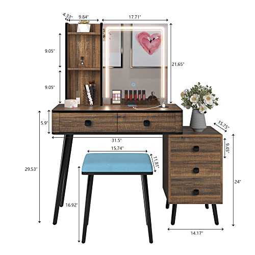 LVSOMT Vanity Desk with Mirror and Lights, Makeup Vanity Table Set with 3-Color Lights & Charging Station, 5 Drawers, Shelves, Dressing Table with Stool for Women Girls (Brown)