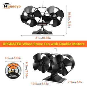 Hanaoyo Wood Stove Fan with Double Motors, Stove Fan Heat Powered, Fireplace Fan with Magnetic Thermometer, Wood Stove Accessories Non Electric Fan for Wood/Gas/Log Burner Stove